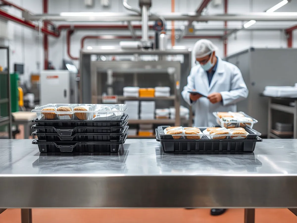 食品企业纸塑托盘切换案例:塑料托盘与纸塑复合托盘对比,质检人员正在检查